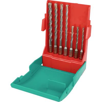 Open red-and-green plastic drill bit case holding eight metal drill bits of varying sizes.