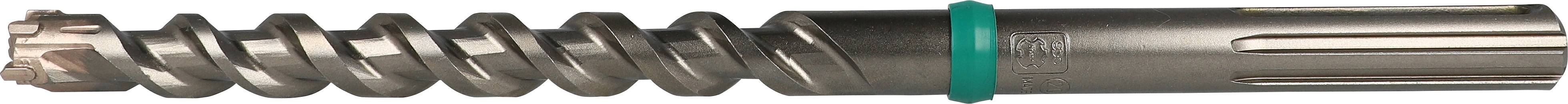 A grey metal drill bit with a spiral-tipped end, a green ring, and a smooth surface, is used for wall mounting.