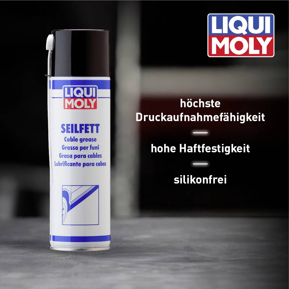 'LIQUI MOLY' Wire Rope Lubricant Spray Can next to Company Logo. Text: 'highest pressure absorption capacity, high adhesion strength, silicone-free'.