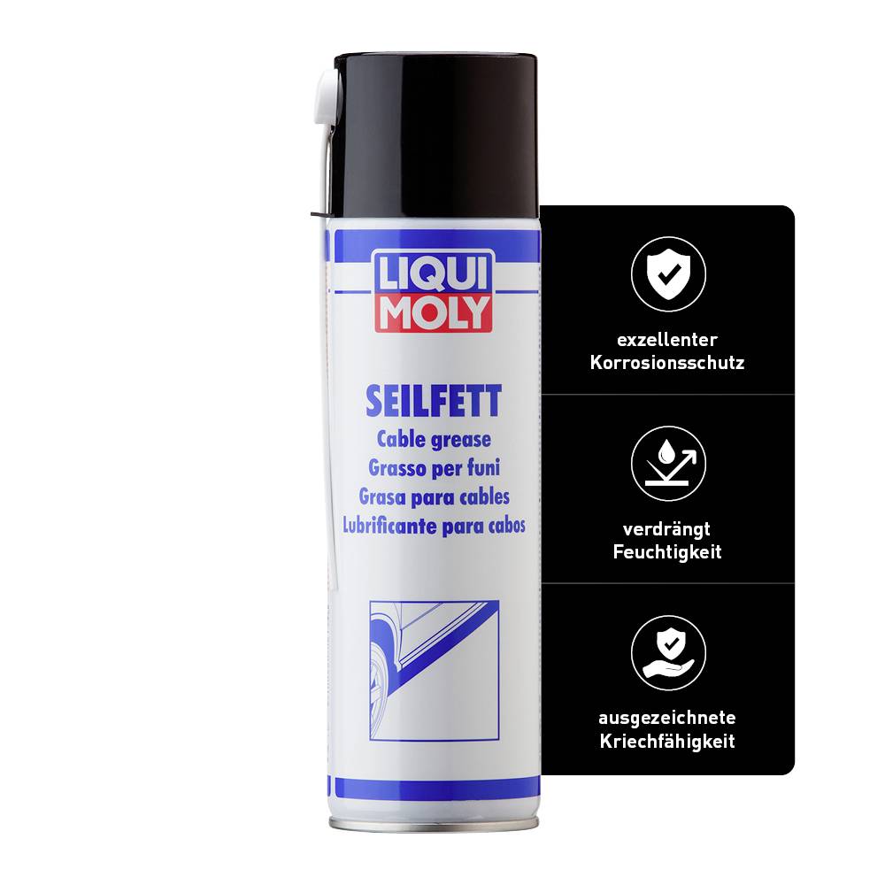 A spray can with the label 'Liqui Moly Wire Rope Lubricant'. Text on the can indicates corrosion protection, moisture displacement, and penetrating properties.