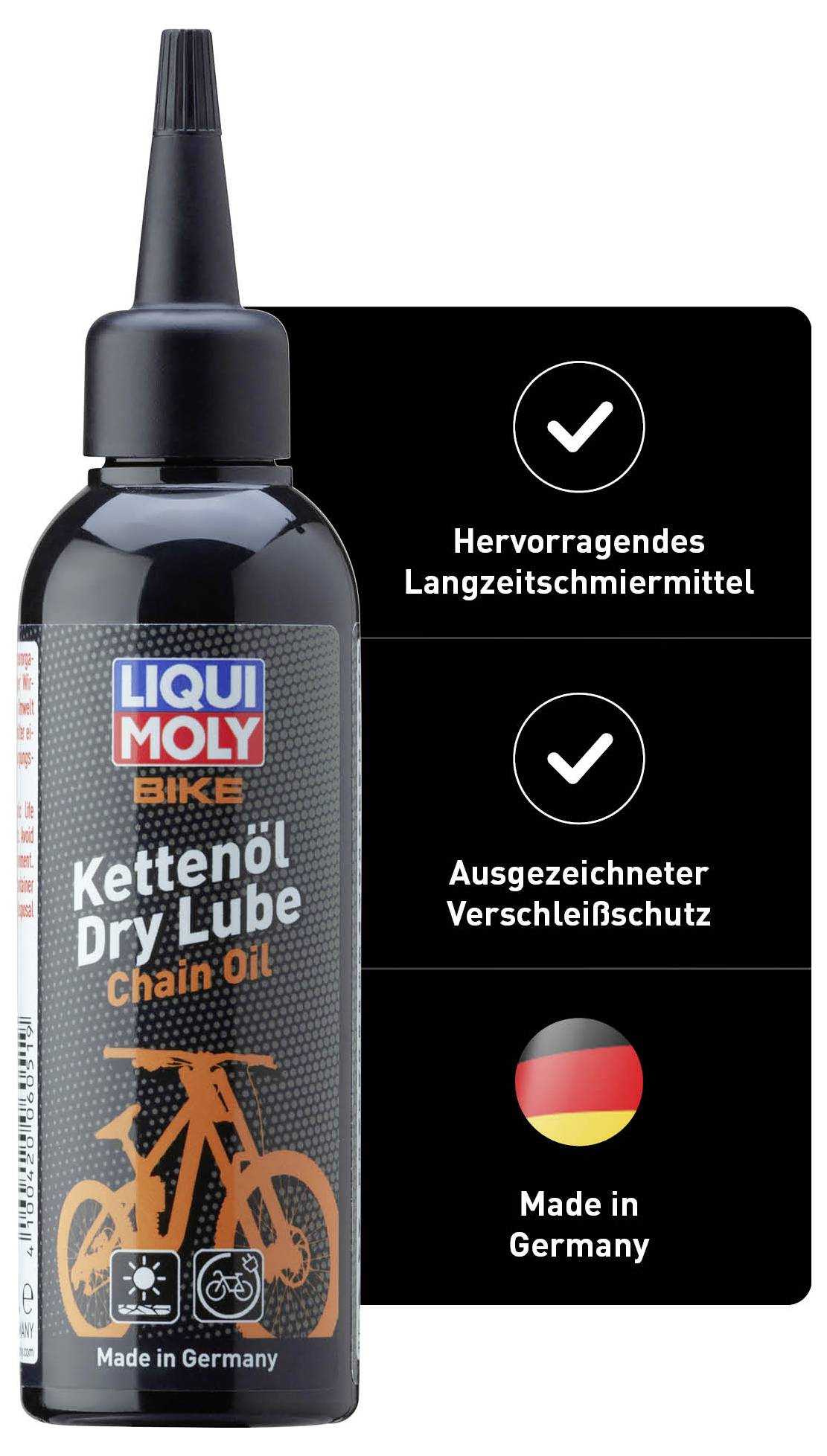 'LIQUI MOLY Bike Chain Oil Dry Lube' Bottle. Text: 'Excellent Long-Term Lubricant', 'Outstanding Wear Protection', 'Made in Germany'.