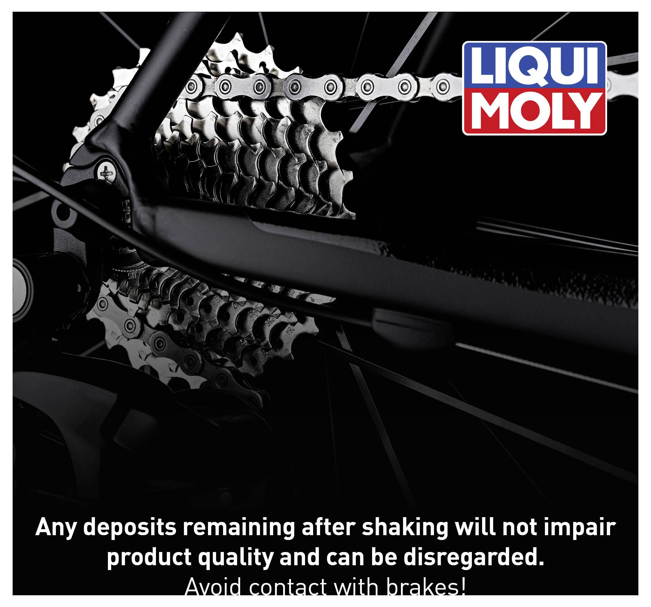 A bicycle drive with a LIQUI MOLY logo. Text: 'A small sediment remaining after shaking is harmless and does not affect product quality. Avoid contact with brakes!'