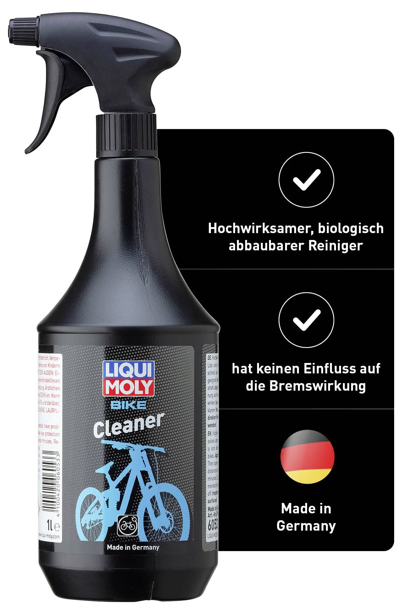 A black spray bottle with 'Liqui Moly Bike Cleaner', alongside text: 'Highly effective, biodegradable cleaner, does not affect braking performance'. 'Made in Germany'.