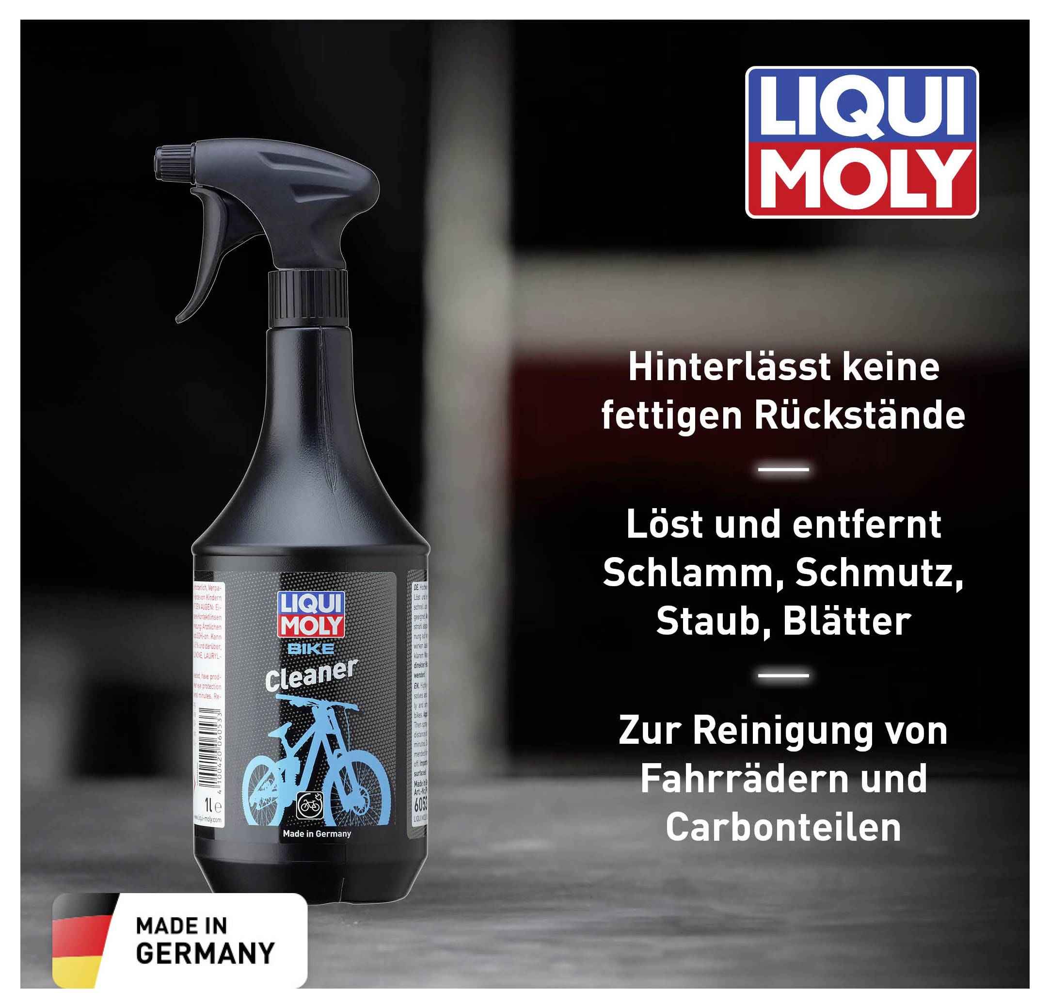 A black spray bottle of 'Liqui Moly Bike Cleaner' against a grey background. Text reads: 'Leaves no greasy residue.'