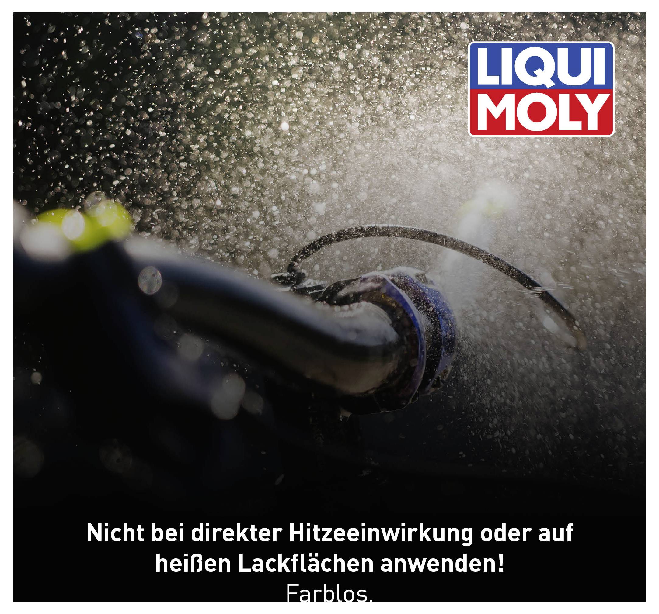 A jet of water sprays from a hose. The Liqui Moly logo is located in the top right. Text below reads: 'Do not apply when exposed to direct heat or on hot paint surfaces! Colourless.'