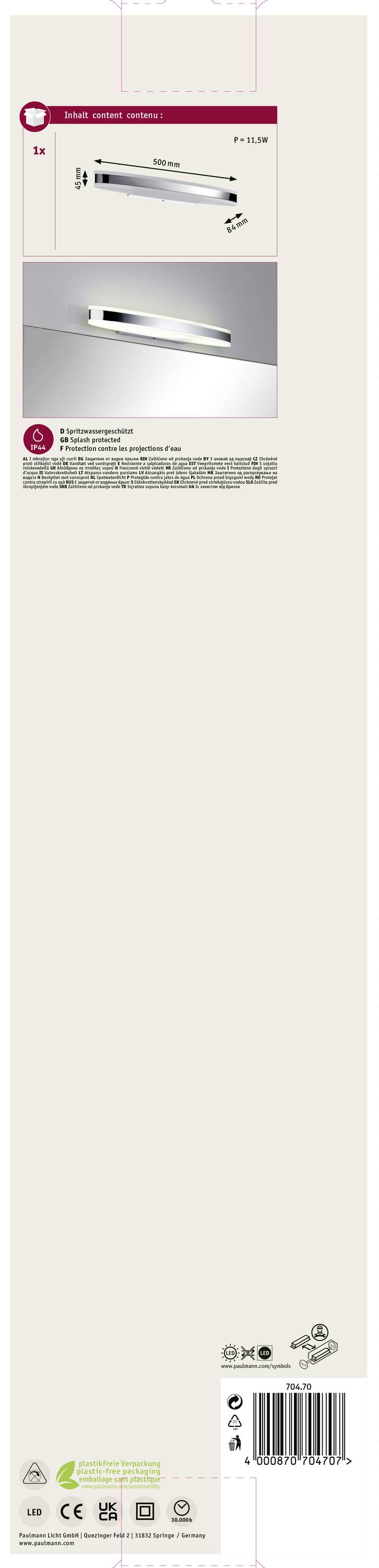 Packaging of an LED under-cabinet light, showing product photo, details, and mounting options. Energy efficiency and environmental information are indicated below.