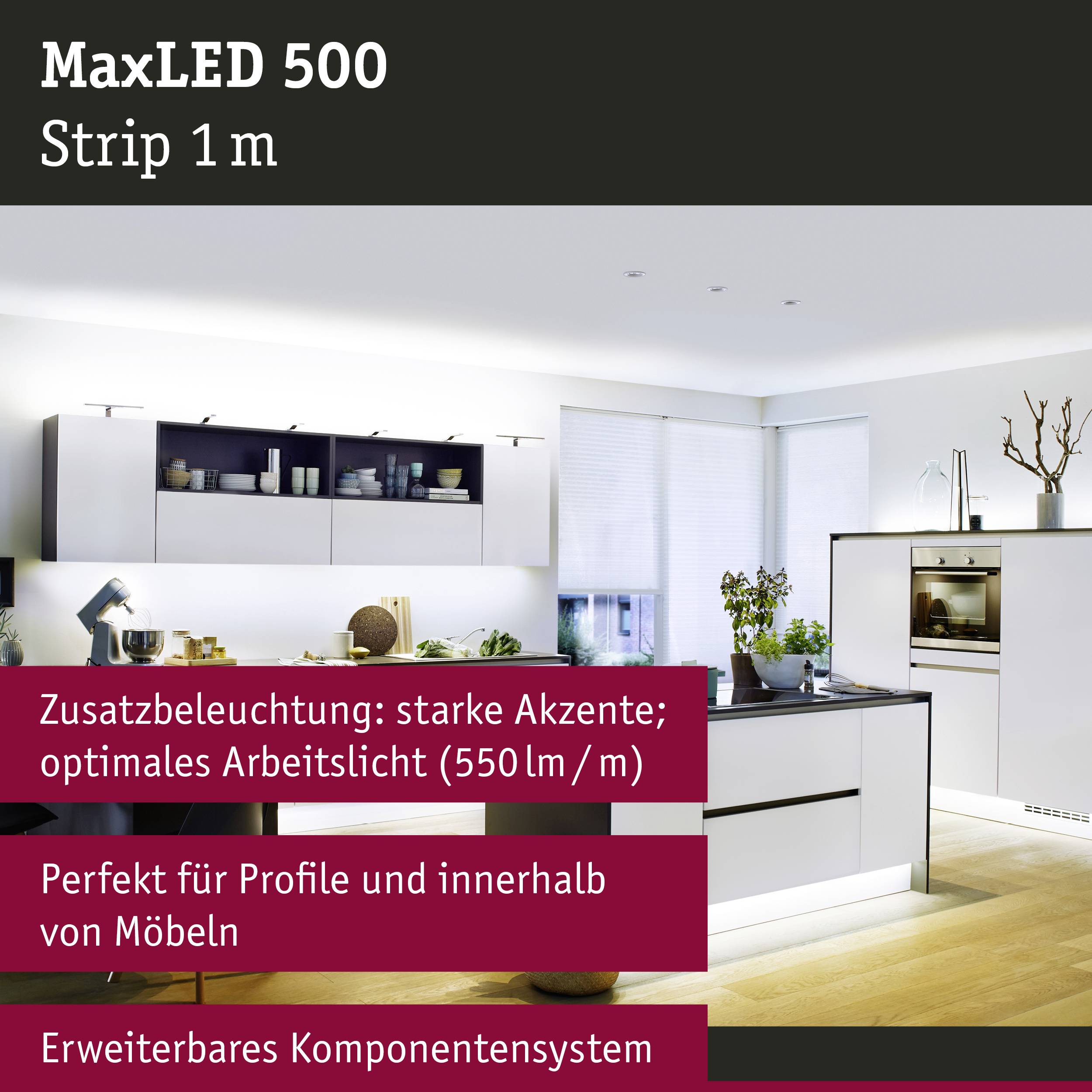 Bright kitchen with modern LED lighting. Text on the image describes the advantages of MaxLED 500: powerful accents and expandable system.