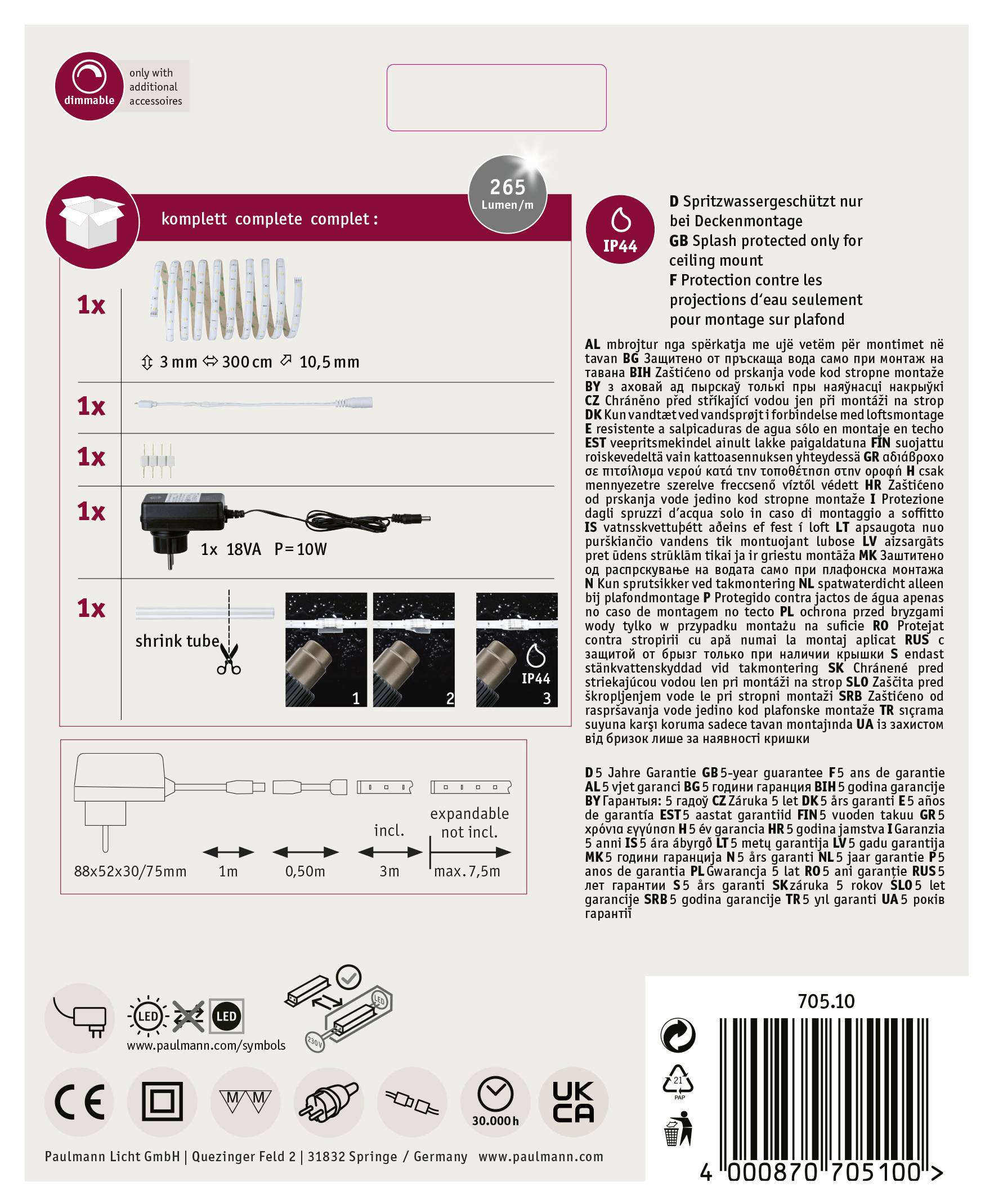 'LED Splash-Proof Ceiling Mount', 'complete set: 1x 3 mm ø, 1x 18VA, 1x P=10W', IP44 protection rating, main components shown.