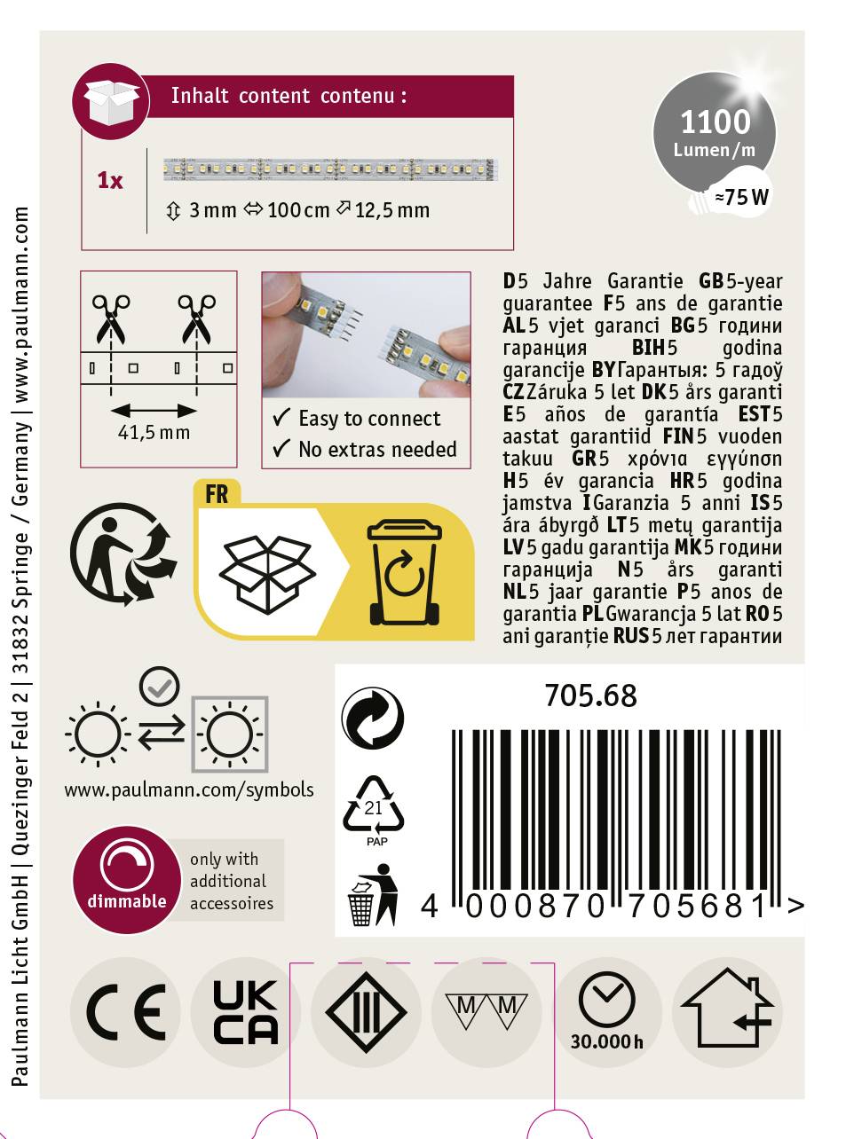 'LED strip, 1100 lumens/m, 75W, 5-year warranty, 3x100 cm lengths, easy installation. Including symbols for operating modes and instructions.'