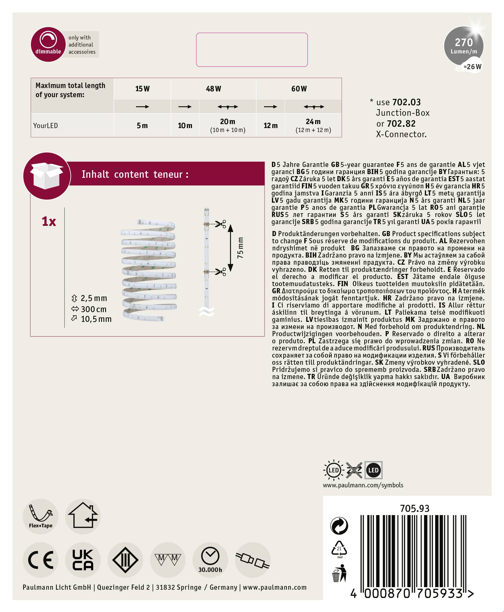 'Lamp packaging with indications of performance, warranty, dimensions and installation.'
