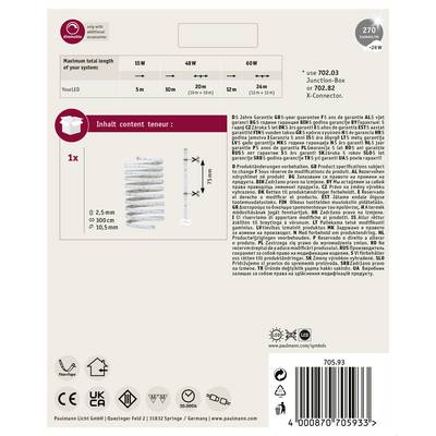 'Lamp packaging with indications of performance, warranty, dimensions and installation.'