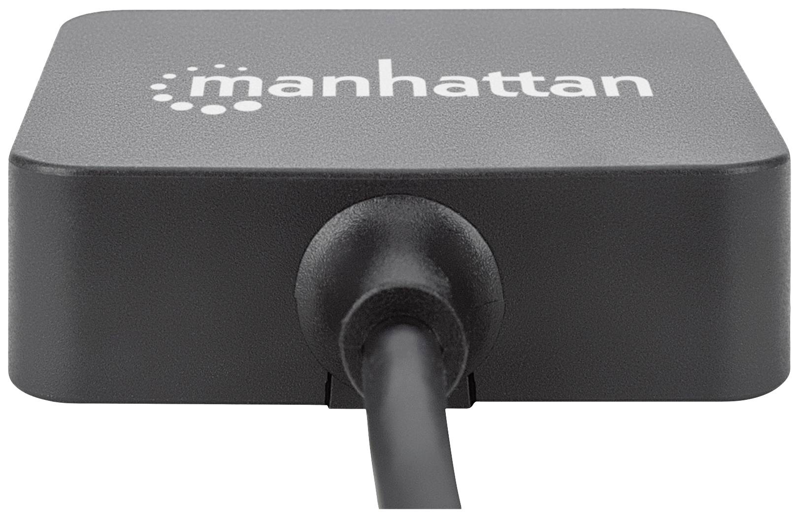 Black USB hub with 'Manhattan' logo and a connected cable; serves as a connection device for multiple USB ports.