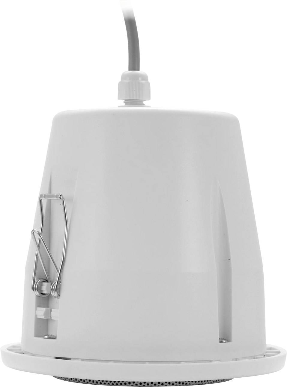 A white, cylindrical ceiling speaker with mounted cable, suitable for installation in commercial spaces.