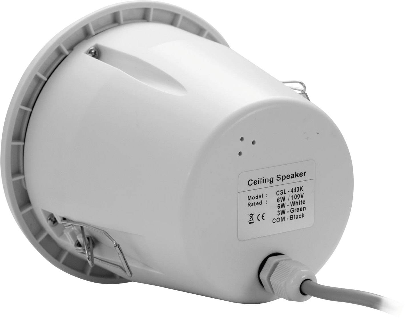 Ceiling speaker, white, cylindrical, with model number and details on label. Cable connection at the bottom.