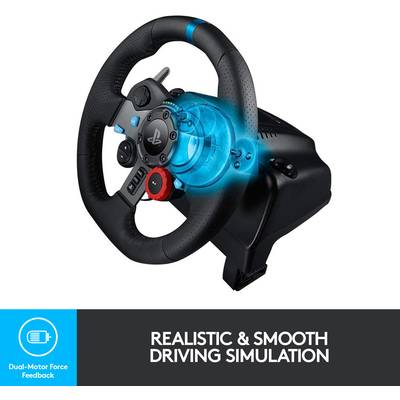 A black gaming steering wheel with multiple buttons and a blue lighting effect, marketed for realistic driving simulation.