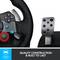 Steering wheel and pedals of a racing simulator, emphasised by the text 'High-quality and durable design'.