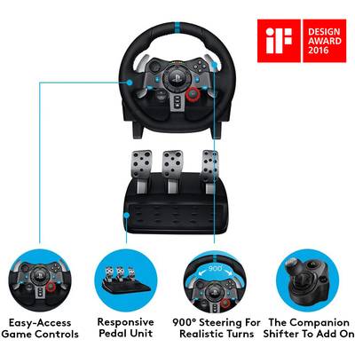 'Gaming steering wheel set with responsive pedals and customisable gear lever. Winner of iF Design Award 2016.'