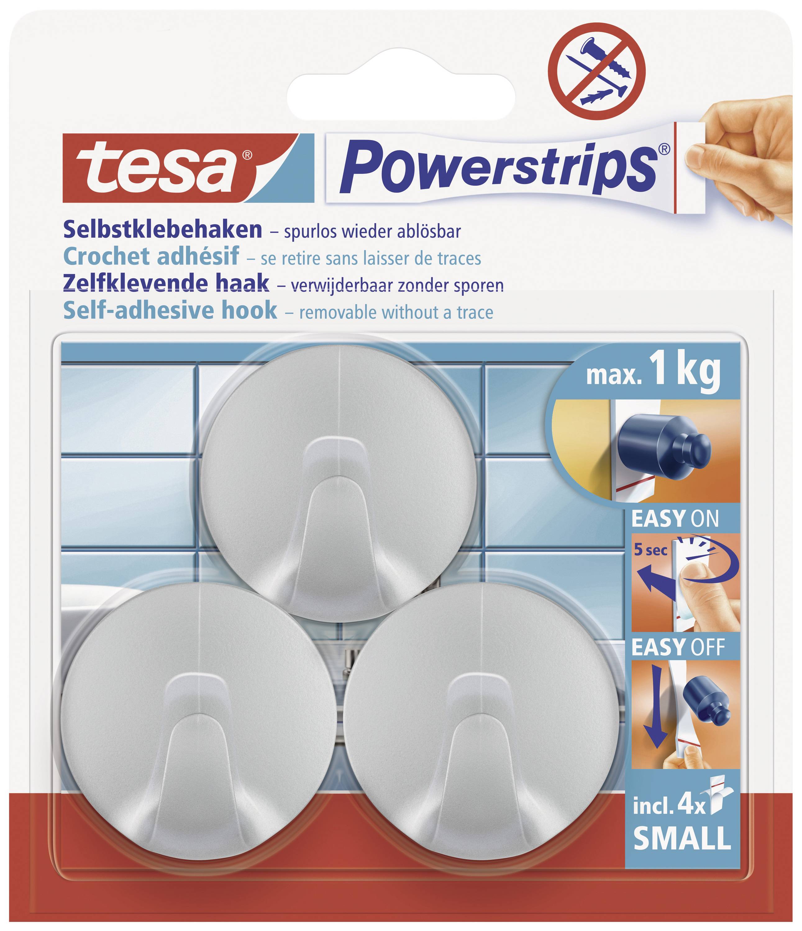 tesa POWERSTRIPS® Small round adhesive hook Chrome (matt) Content: 3 pc(s)