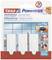 Packaging for Tesa self-adhesive hooks. Contains three white hooks, suitable for up to 1 kg. Instructions with an image for mounting and removal.