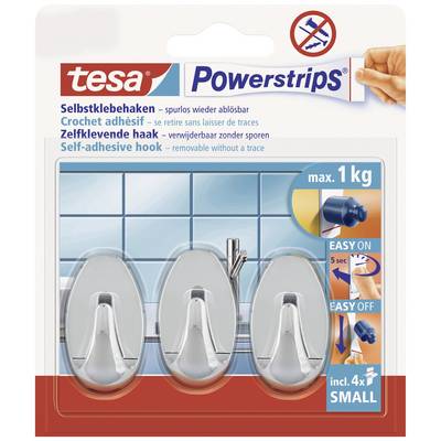 Packaging for tesa 'Powerstrips' self-adhesive hooks. Contains three hooks that can hold up to 1 kg, which are easy to apply and remove.