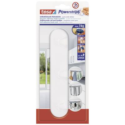 'Self-Adhesive Hook Strip' by tesa, maximum 3 kg load capacity. Packaging shows application examples in kitchen and bathroom.
