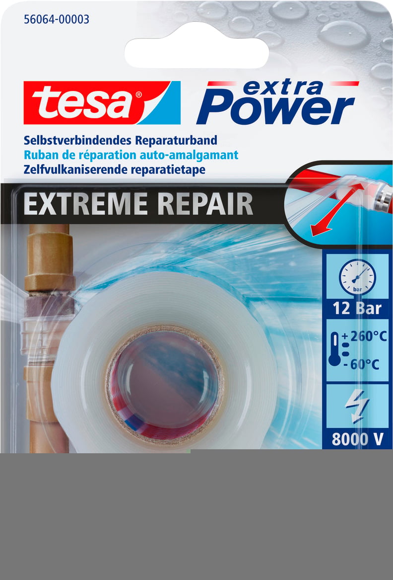 Packaging for 'tesa extra Power Extreme Repair Tape'. Features a pipe repair image, temperature icons from -60°C to 260°C, 12 Bar pressure, and 8000V.