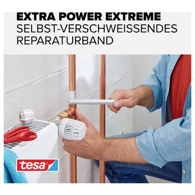 A pipe is wrapped with self-welding repair tape. Above it reads 'Extra Power Extreme Self-Welding Repair Tape'.