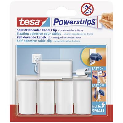 'Packaging for Tesa self-adhesive cable clips. Contains six small clips that can be removed without leaving a trace.'