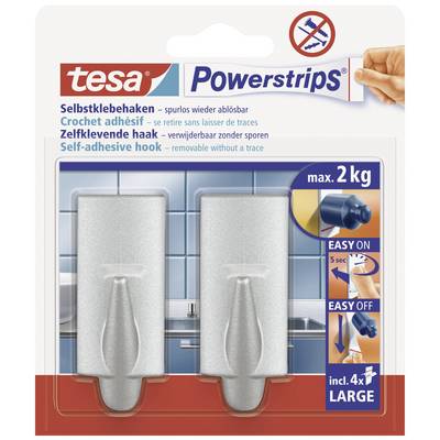 'Packaging for Tesa Powerstrips, self-adhesive hooks, load-bearing up to a maximum of 2 kg, including 4 adhesive strips, easy to use.'