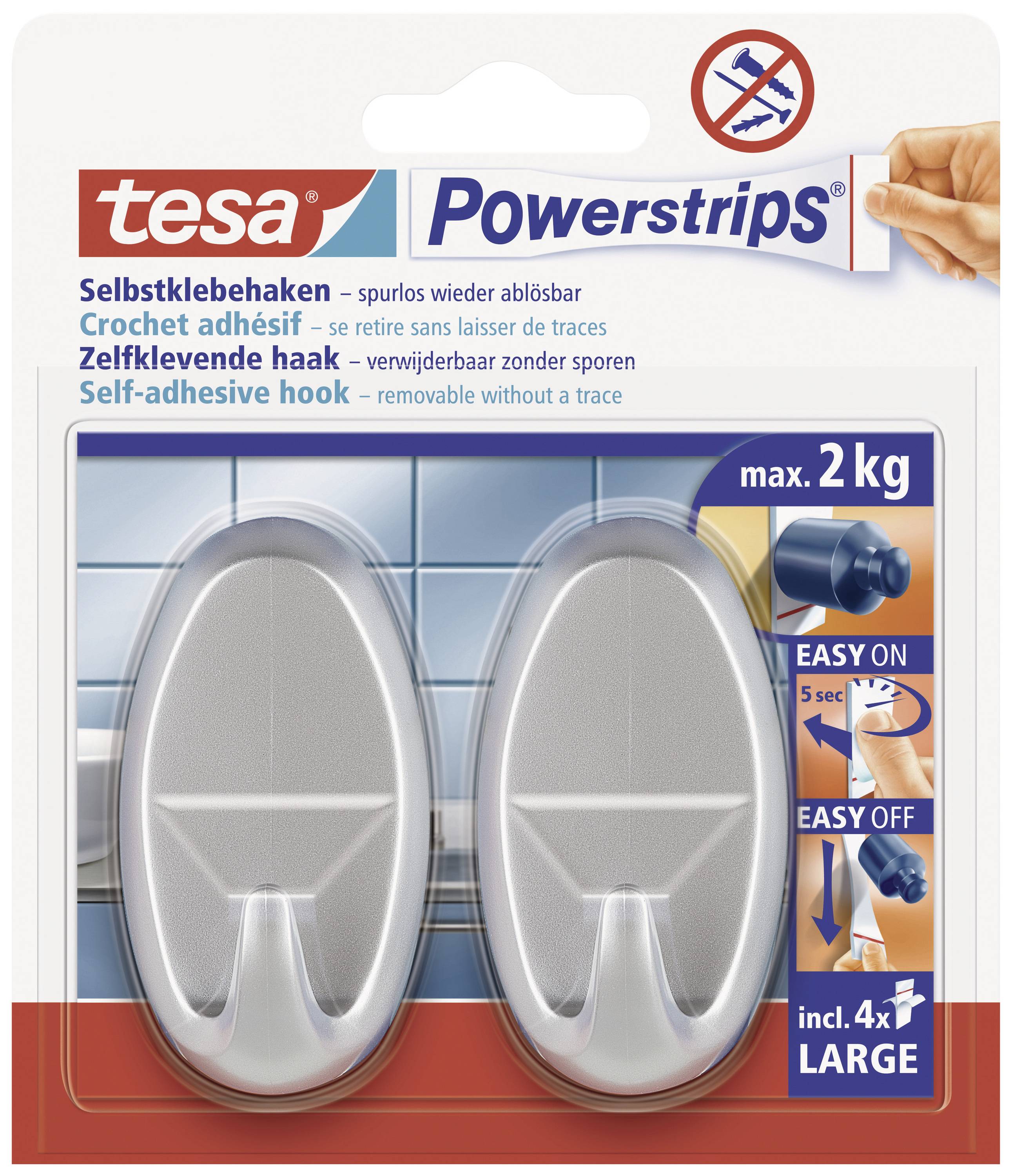 tesa POWERSTRIPS® Large Oval adhesive hook Chrome (matt) Content: 2 pc(s)
