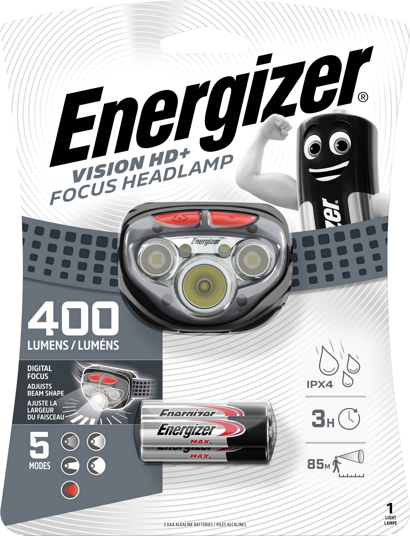 Energizer Head Torch Packaging; shows the lamp with 400 lumens, IPX4, 3-hour runtime, 5 modes. Batteries included.