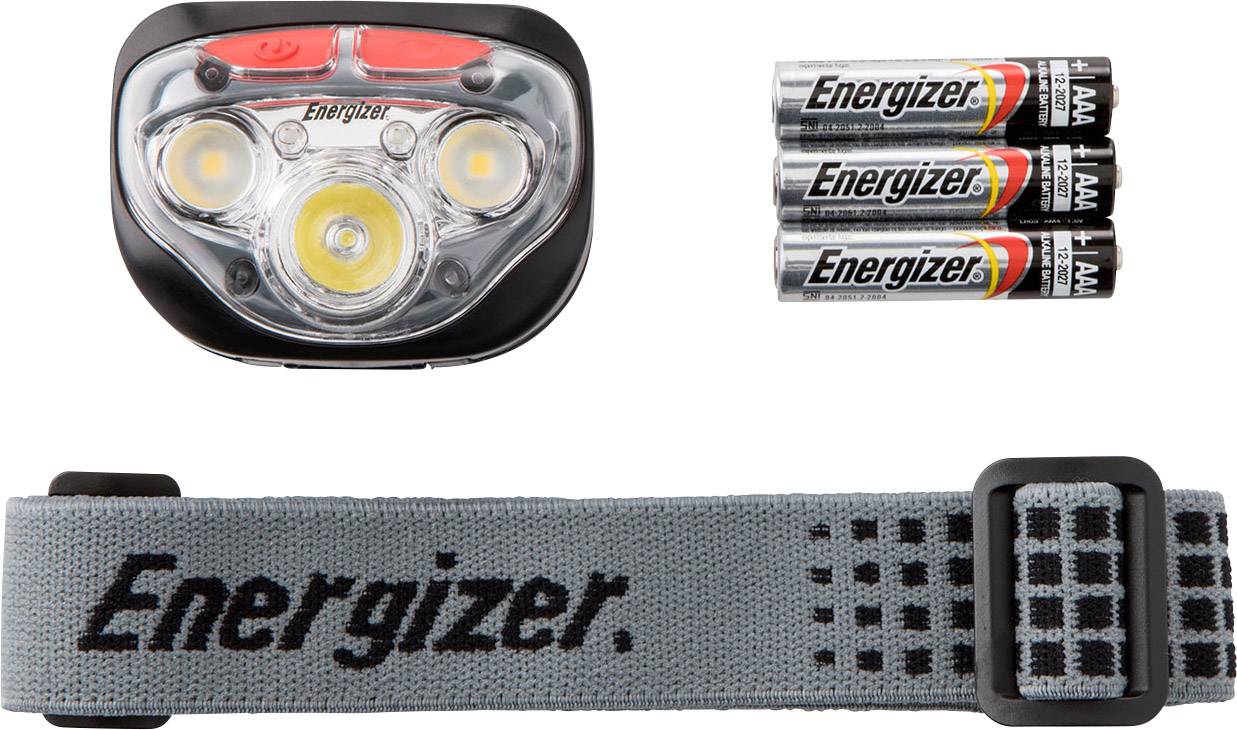 Headtorch with three batteries and a grey headband featuring the 'Energizer' logo. Suitable for outdoor activities in low-light conditions.
