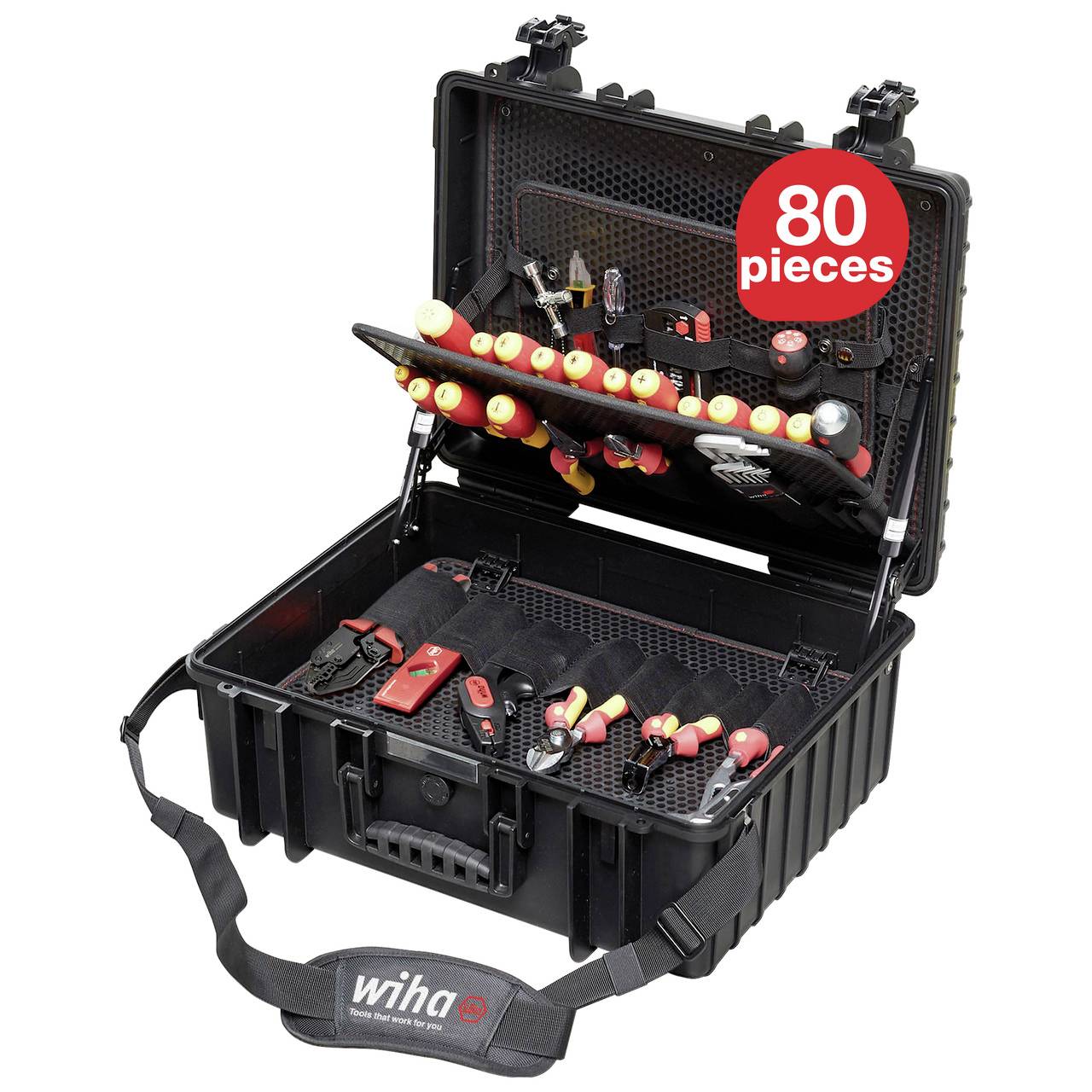 A tool case with an open lid, displaying 80-piece hand tools in organised compartments. Label '80 piece' in the top right corner.
