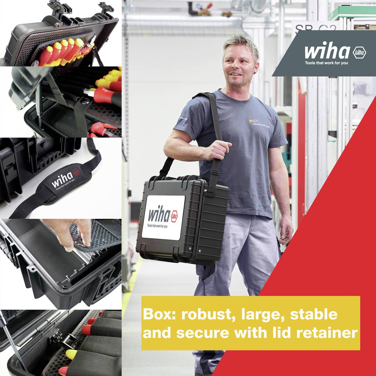 A man is carrying a 'Wiha' case, described as robust, large, sturdy and secure with a lid brake. Miniature views show the interior spaces and details of the case.