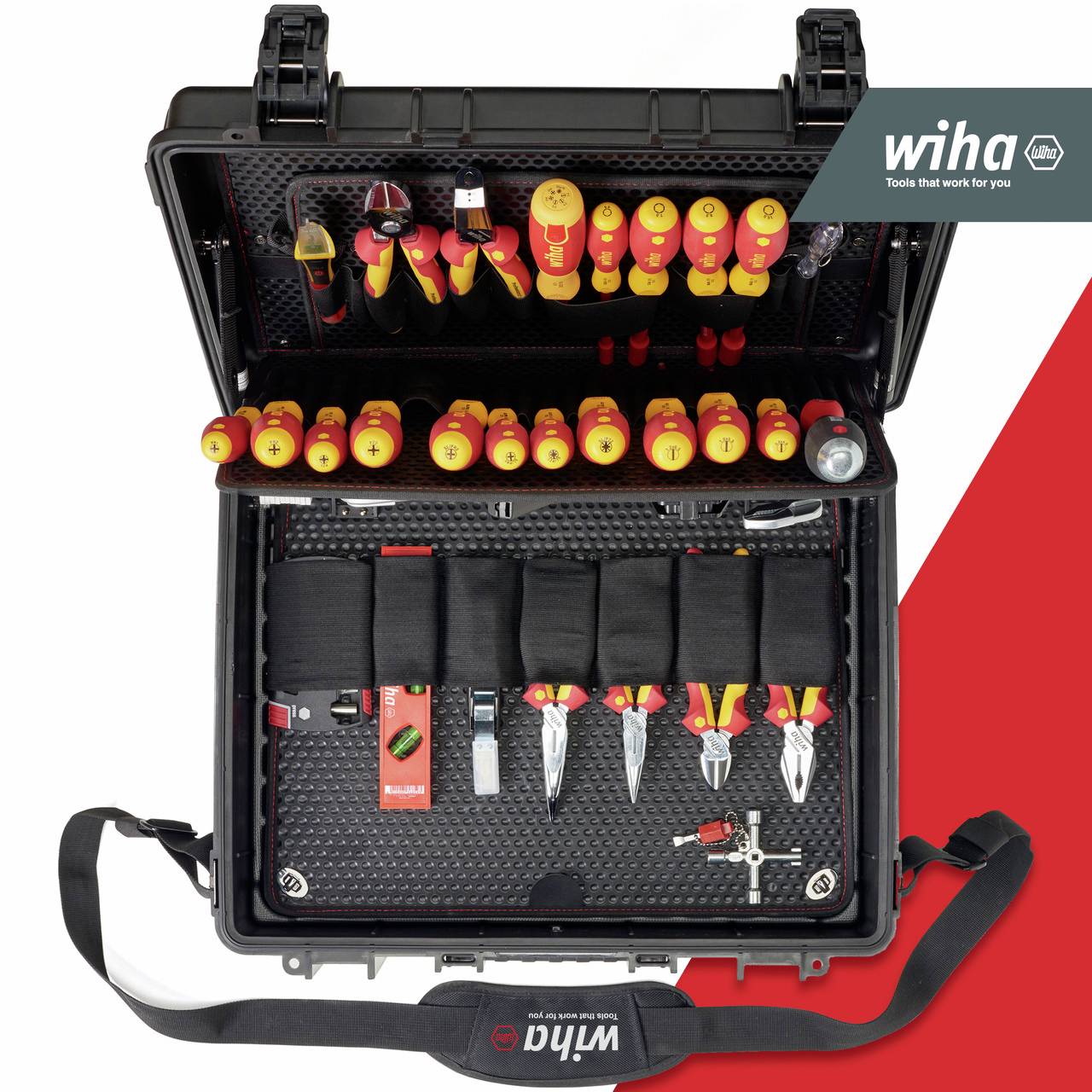 Opened toolbox with various screwdrivers and pliers, neatly arranged in holders. The Wiha logo is positioned in the top right corner.