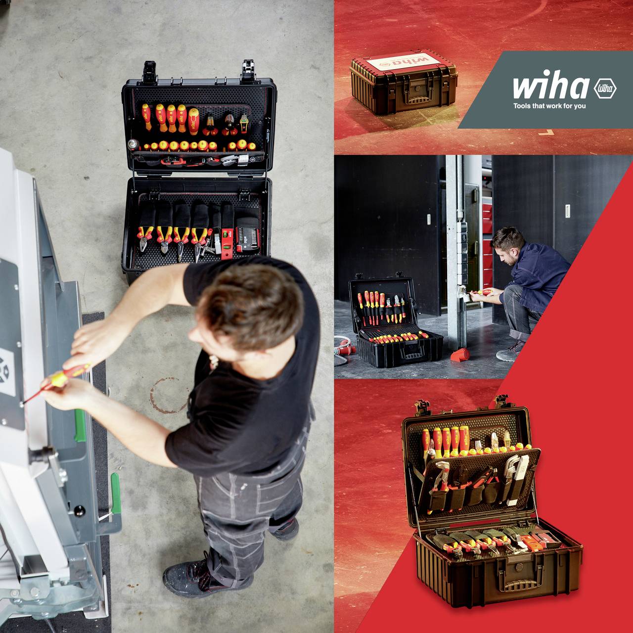 A person is working on a machine with a screwdriver tool; next to them is an open toolbox with Wiha tools.