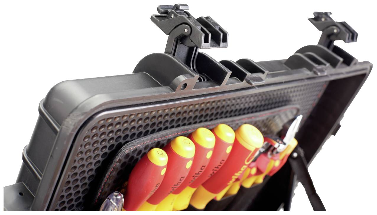 Toolbox containing tools, including insulated screwdrivers in red and yellow, securely fixed in holders, ensuring safe storage.