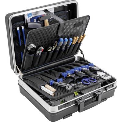 An open toolbox with various tools such as pliers, screwdrivers and scissors, neatly arranged.
