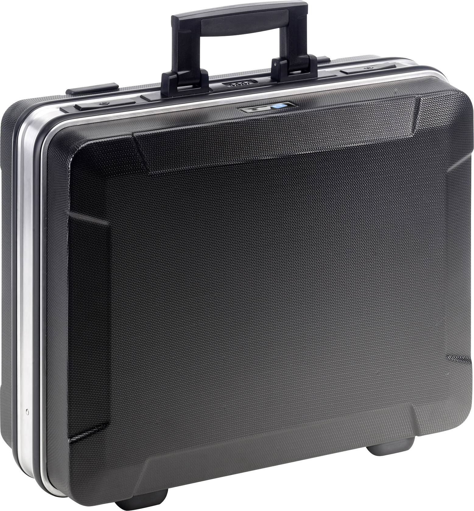 A black briefcase with a sturdy handle and silver edges stands upright. Ideal for transporting documents or laptops.