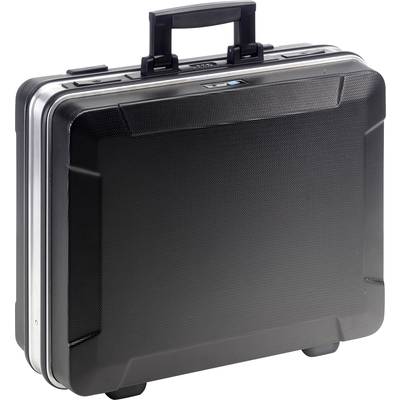 A black briefcase with a sturdy handle and silver edges stands upright. Ideal for transporting documents or laptops.