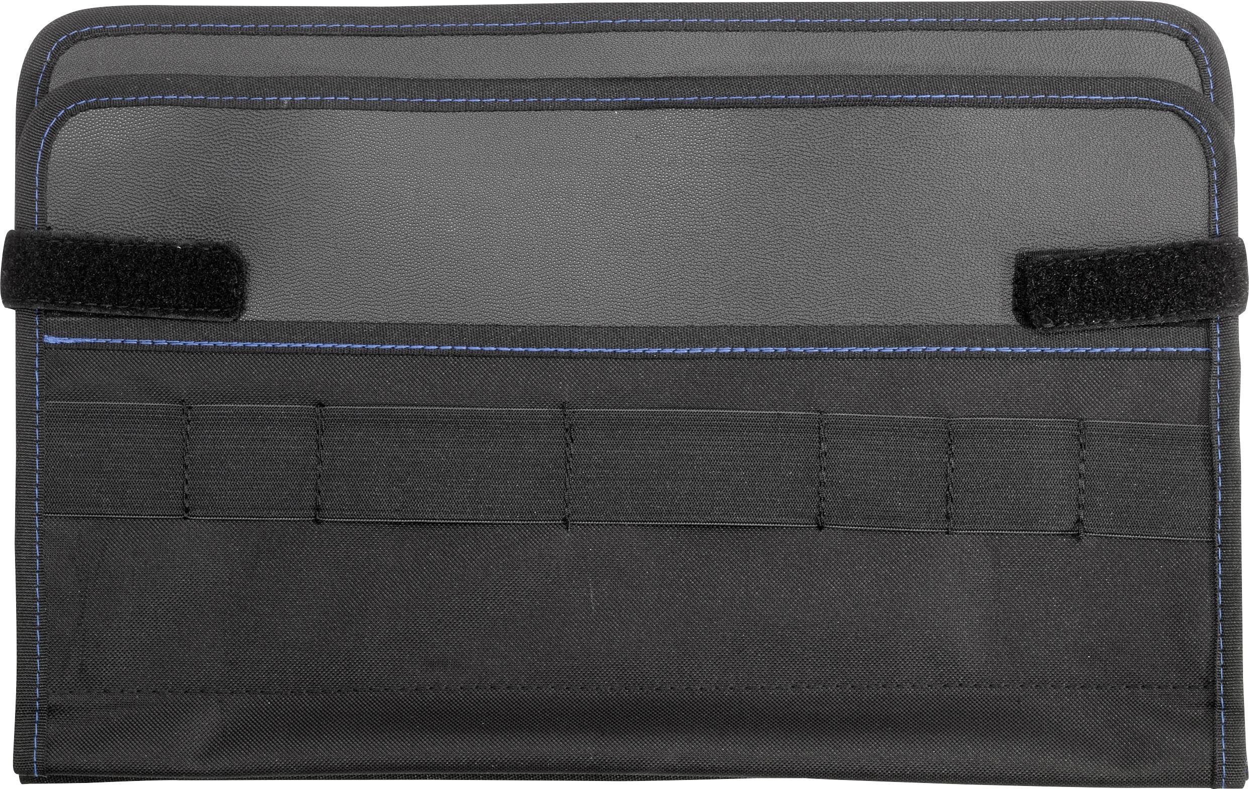 Black organiser bag with hook and loop fastener and multiple compartments for storing small items.