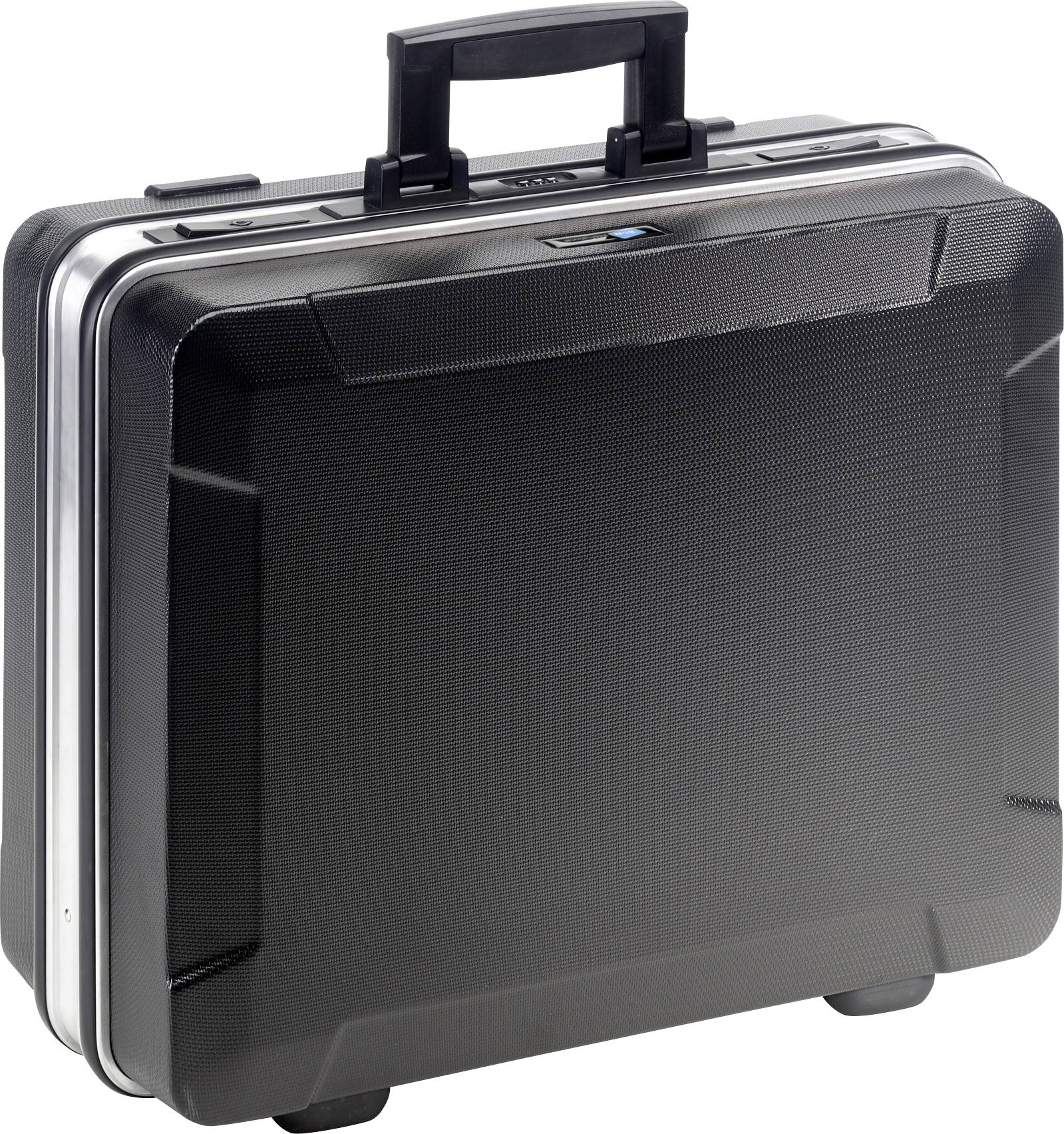 A black document briefcase made of hard plastic with a handle, suitable for transporting documents and business accessories.