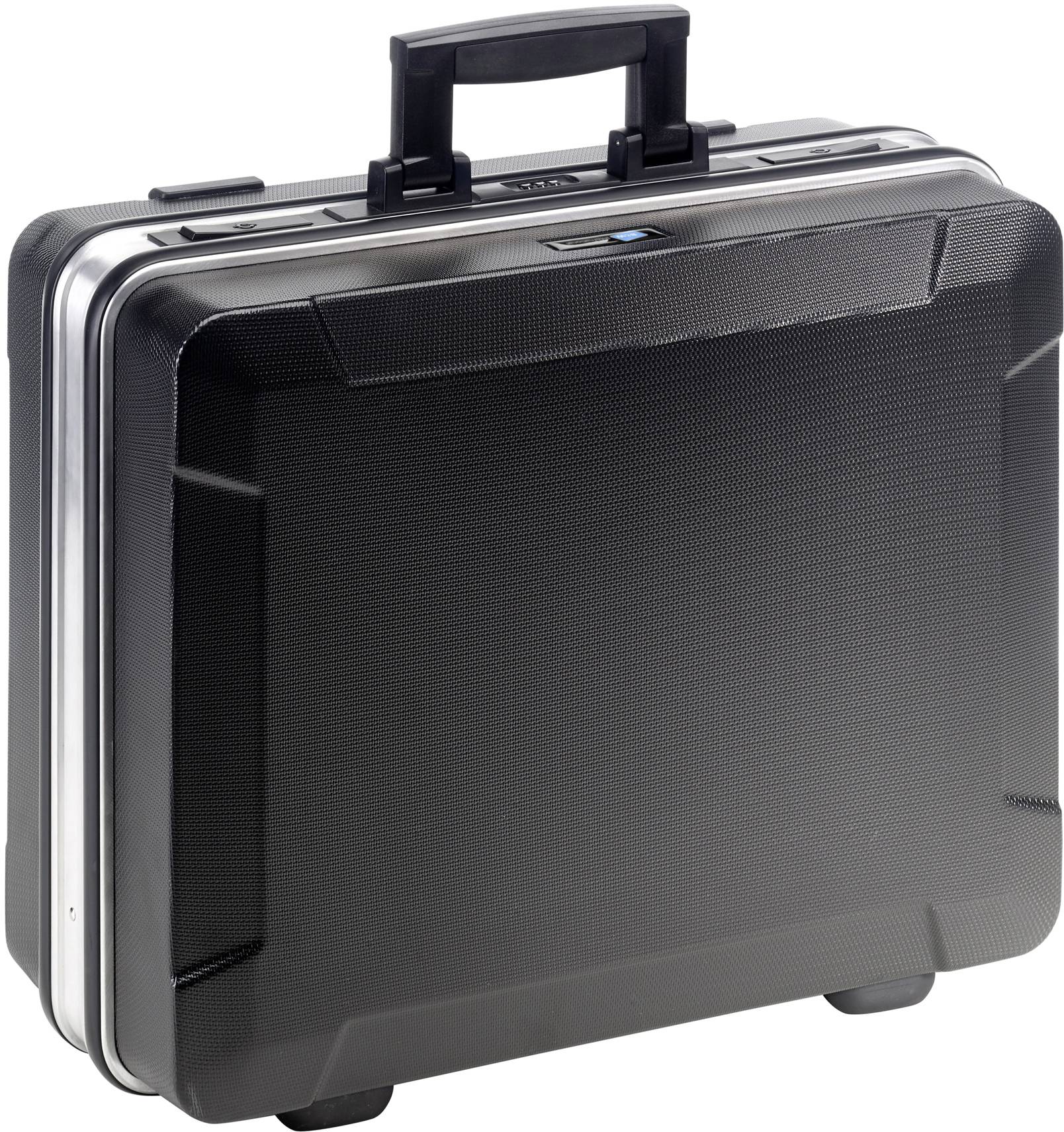 A black, square briefcase with silver edges and a carry handle on top. Suitable for business purposes.