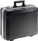A black, square briefcase with silver edges and a carry handle on top. Suitable for business purposes.