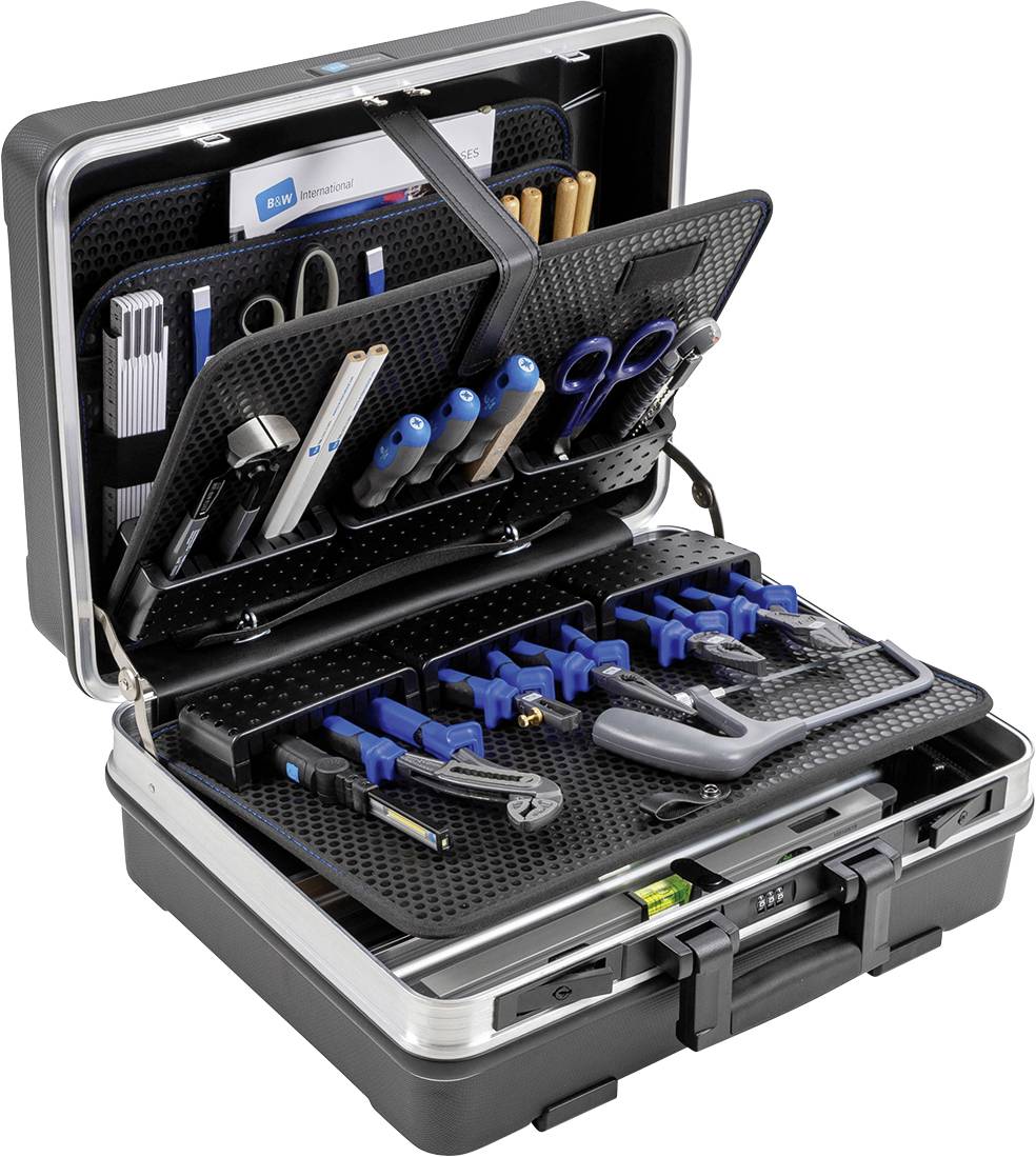 An opened black toolbox with various tools and utensils, including scissors, spanners, and pliers, neatly arranged.