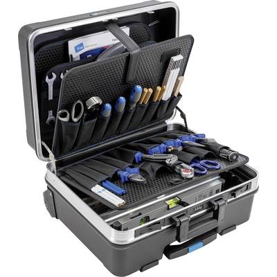 Tool case with an open lid displays a variety of tools and accessories, organised in compartments and loops.