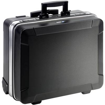 A black, structured hard-shell suitcase with an extendable handle and wheels, stands upright.