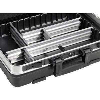 An opened black hard-shell suitcase with several empty metal struts and a combination lock on the front.