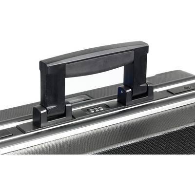 A black briefcase with a combination lock, robustly constructed.