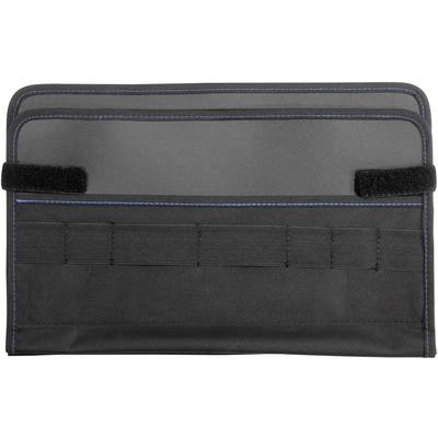 Black nylon pouch with hook and loop fastener and blue stitching; suitable for storing items such as tools.